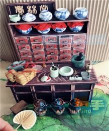 1:12 Doll House Wooden Chinese Medicine Cabinet Medicine Bag Abacus Abrasives Chinese Medicine Shop Miniature Scene Decoration