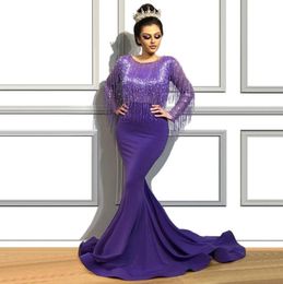 Purple Arabic Tassel Mermaid Evening Dresses Beaded Jewel Neck Long Sleeves Prom Gowns Sweep Train Satin Formal Dress3825679