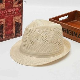 Wide Brim Hats Bucket Hats Mens Simple Linen Hollow Breathable Refreshing Sun Hat Men Summer Travel Farming Sunscreen Sun Ribbon Straw Jazz Topper Hat W97 Y240409