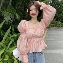 Women's Blouses Korean Fashion Women Off Shoulder Square Neck Elastic Blouse Female Long Sleeve Sweet Shirt Tops French Design Mujer