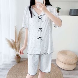 Pajama Women's Summer Thin Modal Short Sleeved Long Pants Set, Dotted Cardigan Can Be Worn Outside for Breathable Breastfeeding Postpartum Clothing