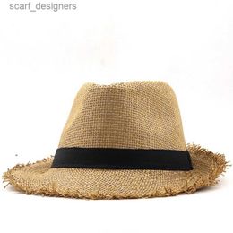 Wide Brim Hats Bucket Hats Simple Beach Hat Men Summer Panama Cap Casual Trilby Fedora Hat Male Straw Hat UV Protection Wide Brim Sombrero Y240409