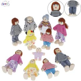 Wooden Toys Set Happy Dollhouse Family Dolls Figures Dressed Characters Children Kids Playing Doll Gift Kids Pretend Toy