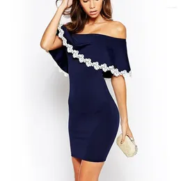 Casual Dresses Style Summer Women Dark Blue Lace Stitching Dress Off Shoulder Strapless Sexy Slash Neck Mini W850459