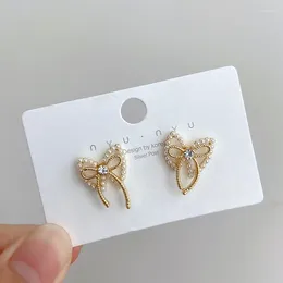 Stud Earrings Golden Color Metal Imitation Pearl Hollow Double Layer Bow For Women Wedding Party Cute Sweet Korean Jewelry Gift