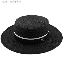 Wide Brim Hats Bucket Hats 7cm brim flat straw hat female summer flat hat sun hat seaside vacation beach hat net red straw hat bow ribbon sun hat Y240409