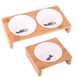 Elevated Pet Bowls, Raised Dog Cat Feeder Solid Bamboo Stand Ceramic Food Feeding Bowl Cats Puppy