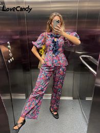 Fashion Printed Pants 2 Pcs Set Hollow Lace Up O Neck Shirts And High Waist Pant Suits Spring Female Commuting Outfit 240407