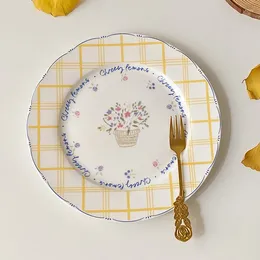 Plates INS Wind Korean Ceramic Flower Letter Yellow Checked Breakfast Plate Creative Pastoral Style Cute Girl Heart French Home