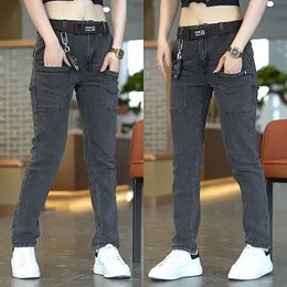 Korea Women Men Jeans Cargo Denim Pants Casual Blue Grey Y2K Streetwear Straight Jeans Male Trousers Womens Mens Clothing 240403