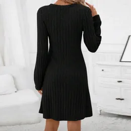 Casual Dresses Women Dress V-neck Stylish Ribbed Knitted Mini For Long Sleeve A-line Autumn/winter Streetwear Solid