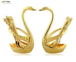 Gold swan fruit fork dessert set Fashion creative suits Luxurious gold fruit dessert fork cutlery quality wedding gift WD 571578707