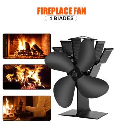 4 Blade Heat Powered Stove Fan Black Fireplace Fan komin Log Wood Burner Eco Friendly Quiet Fan Home Efficient Heat Distribution