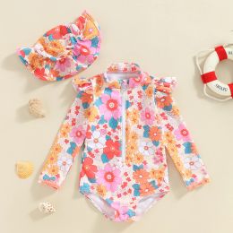 ma&baby 0-3Y Toddler Kid Infant Baby Girl Swimsuit Long Sleeve Floral Print Swimwear Summer Beachwear Bathing Suit + Hat