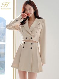 H Han Queen New Spring Autumn Skirt Suit Women Elegant Korean Blazer Jacket Top + Pleating A-Line Skirt Casual Party 2-Piece Set