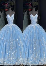 Bling Ivory Sequins Applique Prom Quinceanera Dresses Light Sky Blue Strapless Corset Backless Princess Formal Dress Evening Sweet9912292