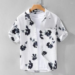 Men's Casual Shirts Summer Printed Short Sleeve Shirt With Trendy Bubble Texture Comfortable Versatile Thin Tops For Youth Male