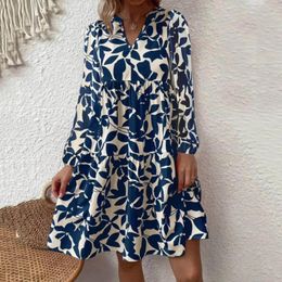 Casual Dresses V Neck Knee Length Dress Long Sleeve Swing Tunic Tiered Ruffle Layer Elegant And Pretty Women'S