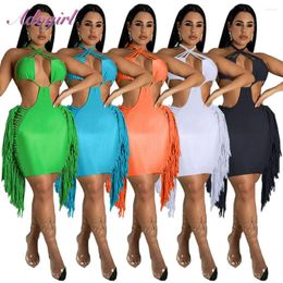 Casual Dresses Sexy Halter Sleeveless Tassel Hollow Out Bandage Party Club Midi Dress Women Solid Backless Outfit Summer Beach Holiday