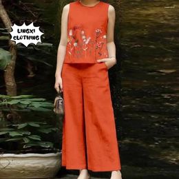 Women's Two Piece Pants 2024 Summer Cotton And Set Loose Elegant Leisure Round Neck Sleeveless Embroidered Commuter