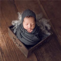 New born Knit Wrap Set Vintage Baby Bonnet Stretch Knit Wrap Newborn Hat Cap Photography Prop Layering Fabric Swaddling Blanket