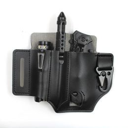 Outdoor EDC Leather Tool Knife Sheath Pockets Multitools Holder Essentials Organizer Belt Pouch Pocket Hunt Tactical Flashlight