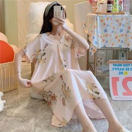 Home Clothing Soft Ice Silk Nightdress 2024 Summer Short-sleeved Pajamas Korean Vute Kawaii Sets Large Size Loose Wear Skirt