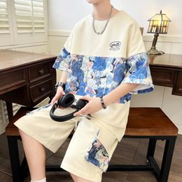 Summer 2 Piece Mens Sets Streetwear Short Sleeve TShirt And Shorts Tracksuits Casual Loose Top Tees KneeLength Pants 240409