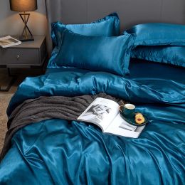 Luxury Blue 100% Silk Bedding Set for Women, Pure, Healthy, Queen, King, Duvet Cover, Flat Sheet, Pillowcase, Bed Linen