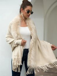 Sweatshirts Fitshinling Fur Collar Winter Shawls and Wraps Bohemian Fringe Oversized Womens Winter Ponchos and Capes Batwing Sleeve Cardigan