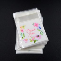 100pcs/lot Plastic Bags Thank you Flower Self-Adhesive Bags for Homemade Cookie Party Gifts Bag DIY Jewellery Packaging Bag