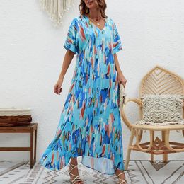 Casual Dresses Women Summer Colorful Painted Print Elegant V Neck Short Sleeve Loose Swing Dress Pleated Daily Bodycon