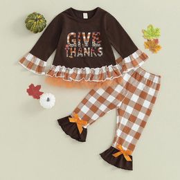 Clothing Sets Kid Girls Pants Set Long Sleeve Letters Print Patchwork T-shirt With Plaid Fall Outfit Thanksgiving Clothes