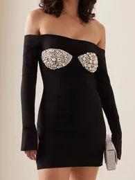 Casual Dresses Women Celebrity Sexy Off Shoulder Beading Long Sleeve Black Mini Bodycon Bandage Dress 2024 Elegant Evening Club Party