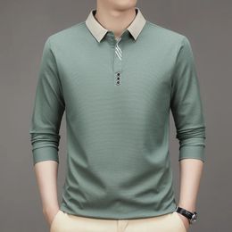 Autumn Mens Turn Down Long Sleeve Polo Shirt Solid Colour Business Blouse Shirts Golf Social 240328