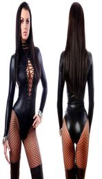 Women Gothic Faux Leather Bodysuit Punk Long Sleeve Catsuit Erotic Lace Up High Cut Leotard Fetish Lingerie Fancy Dress7850998
