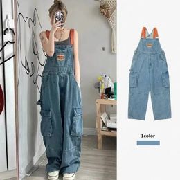 Cool Girl Style Embroidered Spicy Ink Denim Strap Jumpsuits Womens Autumn/Winter Large Loose and Slim Retro One Piece Pants 240402