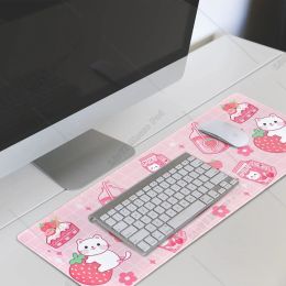 Kawaii Gaming Mouse Pad Large Cat Strawberry Milk Mouse Pad Pink XL Cute Anime Mouse Mat Kawaii Strawberry Decor 31.5 X 11.8 In