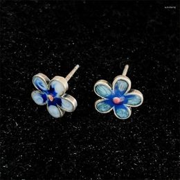 Stud Earrings Vintage Elegant Blue Enamel Flower For Lady Ear Accessories Top Quality Silver 925 Women Jewellery