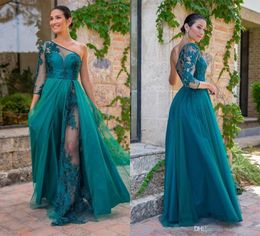 Vintage Dark Green Lace Appliqued Aline Prom Dress Eleagnt One Shoulder Evening Gown Luxury Long Sleeves Formal Party Bridesmaid 8132926