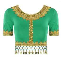 Stage Wear Womens Belly Dance Cropped Tops Bellydance Performance Costume Short Sleeve Lace-up Back Sequin Tassels Braid Trim Crop Top