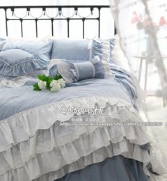 Bedding Sets Elegant Blue Princess Style All- Solid Colour Ruffled Lace Cotton Bed Skirt Linen Duvet Cover