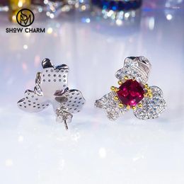 Stud Earrings Luxury Jewelry S925 Sterling Silver Studs Ruby Emerald Zircon Flower Petal For Women Party Banquet Gift 2024