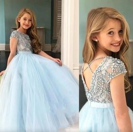 2024 Princess Light Blue Girls Pageant Dresses Jewel Neck Tulle Silver Crystal Beads Short Sleeves Kids Flower Girls Dress Ball Gown Birthday Gowns Floor Length