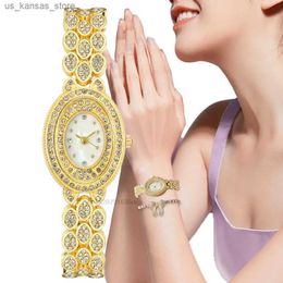 Wristwatches Hot Fashion Brands Alloy Oval Quartz With Diamonds Ladies Casual Stainless Steel es With Gold Colour Diamond Strap240409