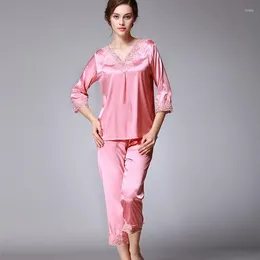 Home Clothing YT- 034 Spring Autumn Imitation Silk Women Pajamas Set Soft Long Sleeve Top Pants Satin Nightgown Sleepwear