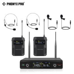 Microphones Phenyx Pro UHF Wireless Dual Bodypack Microphone and Lapel Mic 30 Adjustable Frequencies 200M for Church/Conference(PTU52C)