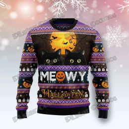 PLstar Cosmos Cat Pumpkin Halloween 3D Printed Men's Ugly Christmas Sweater Winter Unisex Casual Knit Pullover Sweater ZZM24