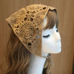 Floral Hair Bandana Knitted Head Kerchief Women Bandana Handmade Crochet Hair Scarf Triangled Headband with Ties Drop Ship