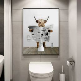 Funny Highland Cow Chimpanzee In Bathtub Toilet Poster Wall Art Canvas Painting Rustic Farm Waterproof Bathroom Toilet Decor